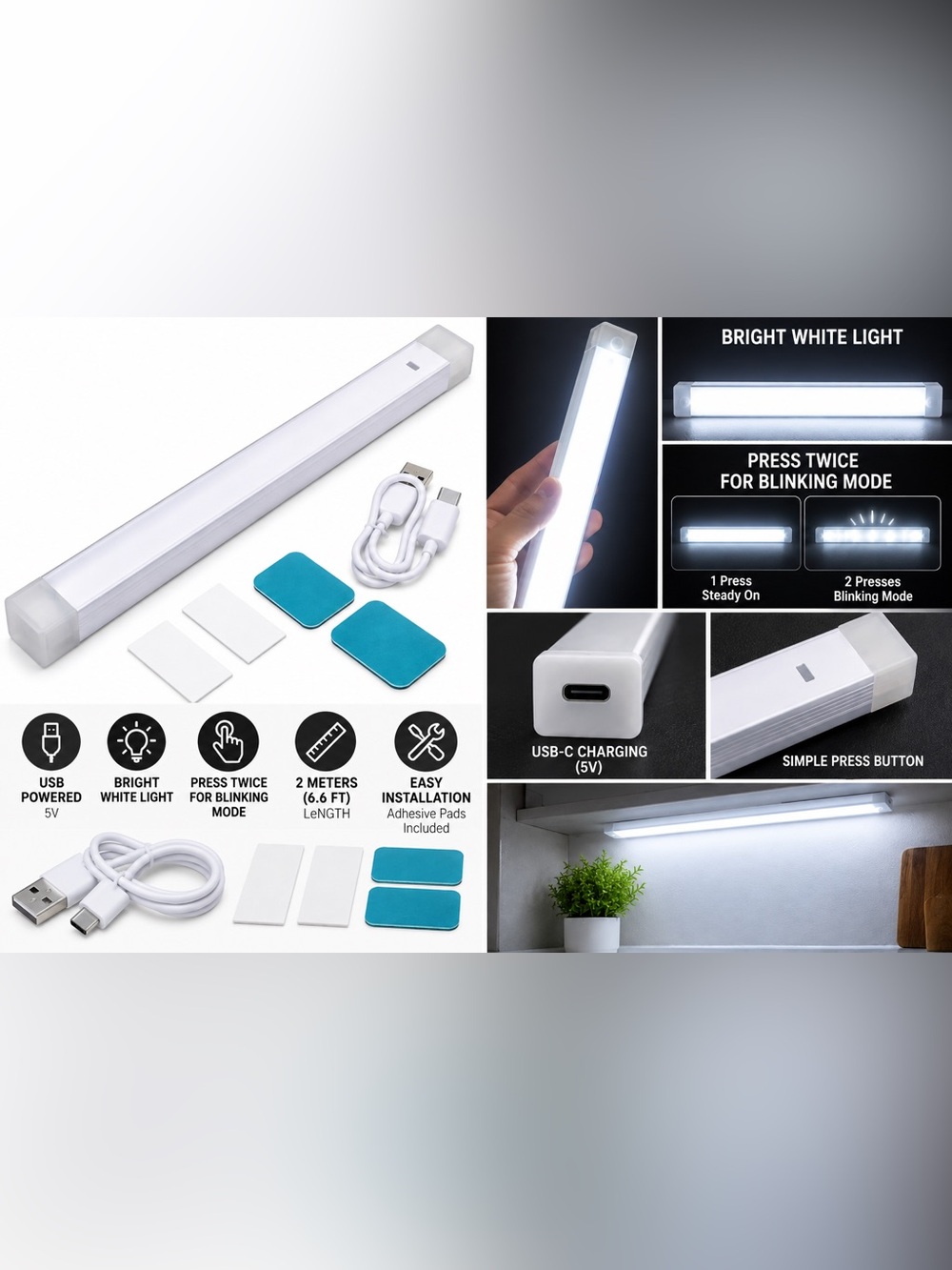 2 Pack Rechargeable White USB-C LED Under-Cabinet Light Bar